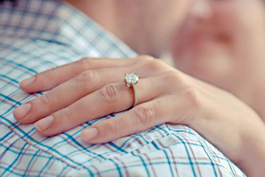 A Moissanite Ring is Sitting on a Woman's Hand as it Rests Upon a Man's Shoulder